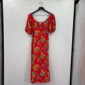 Billabong Red Floral Puff Sleeve Midi Dress Tie Neck Size M